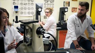 A group of researchers sitting in a lab talking.